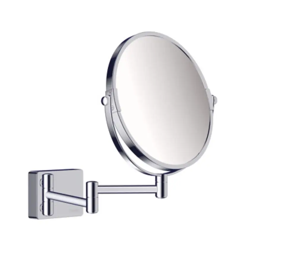 Wandmontierter Rasierpiegel mit verchromter Oberfläche, einseitig, armbeweglich. Produkt von Hansgrohe, geeignet für Badezimmeranwendungen.